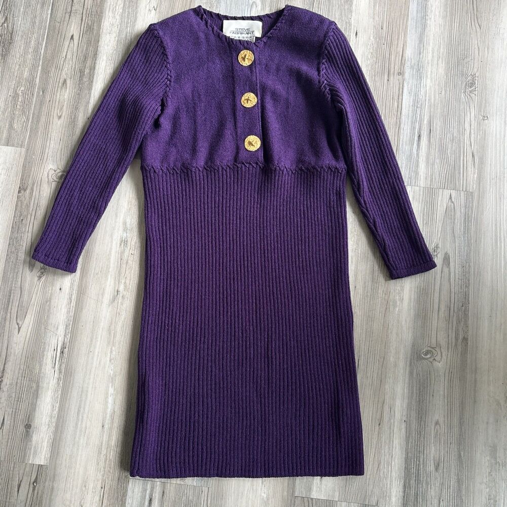 Vintage Steve Fabrikant Bergdorf Goodman Wool Dress Hammered Gold Buttons 1980s